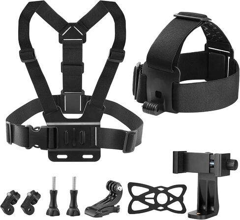 9-in-1 Chest & Head Mount Kit for GoPro, iPhone, DJI, Action Cam POV | Hands-Free POV Recording. Compatible with Samsung, Insta360, AKASO, SJCAM. Sturdy phone clamp & protective net included in Kuwait