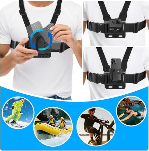 9-in-1 Chest & Head Mount Kit for GoPro, iPhone, DJI, Action Cam POV | Hands-Free POV Recording. Compatible with Samsung, Insta360, AKASO, SJCAM. Sturdy phone clamp & protective net included in Kuwait