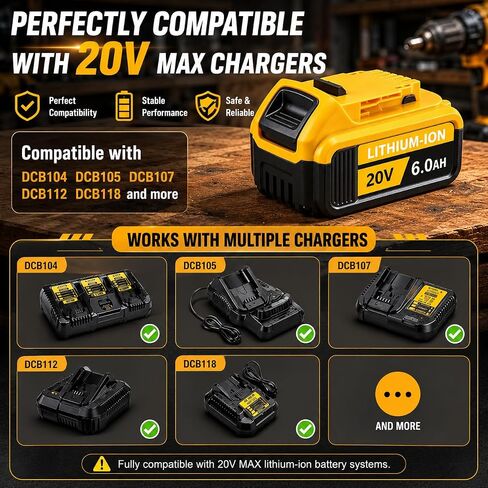 2-Pack 6.0Ah Replacement Batteries for DeWalt 20V MAX Tools, 20V MAX Battery Pack Replacement, Compatible with DCB208/207/206/205/204/203/201/200 Power Tool Batteries, Longer Runtime & Safe Protection in Kuwait