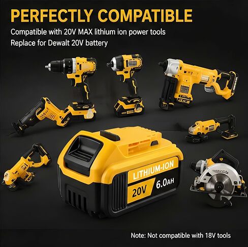 2-Pack 6.0Ah Replacement Batteries for DeWalt 20V MAX Tools, 20V MAX Battery Pack Replacement, Compatible with DCB208/207/206/205/204/203/201/200 Power Tool Batteries, Longer Runtime & Safe Protection in Kuwait