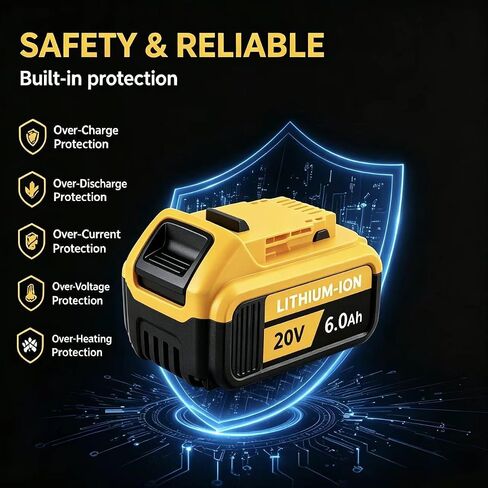 2-Pack 6.0Ah Replacement Batteries for DeWalt 20V MAX Tools, 20V MAX Battery Pack Replacement, Compatible with DCB208/207/206/205/204/203/201/200 Power Tool Batteries, Longer Runtime & Safe Protection in Kuwait