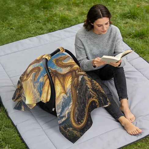 Dragon Sun Print Baby Car Seat Cover Nursing Cover | Muslin-like Cotton Blend, Breathable, Multi-use, Newborn Essentials Must Haves, Fits Most Strollers, for Babies Boys Girls in Kuwait