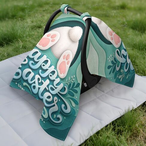 Easter Rabbit Pattern Baby Car Seat Cover Infant Carseat Canopy | Muslin-like Cotton Blend, Breathable, Multi-use, Newborn Essentials Must Haves, Fits Most Strollers, for Babies Boys Girls in Kuwait