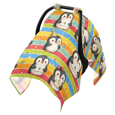 Penguins Birthday Print Baby Car Seat Cover Infant Carseat Cover | Muslin-like Cotton Blend, Breathable, Multi-use, Newborn Essentials Must Haves, Fits Most Strollers, for Babies Boys Girls in Kuwait