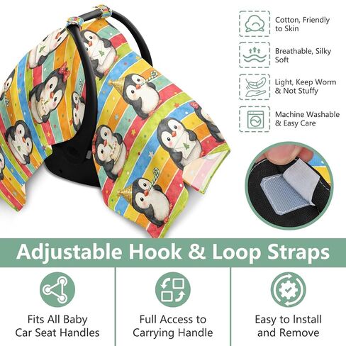 Penguins Birthday Print Baby Car Seat Cover Infant Carseat Cover | Muslin-like Cotton Blend, Breathable, Multi-use, Newborn Essentials Must Haves, Fits Most Strollers, for Babies Boys Girls in Kuwait