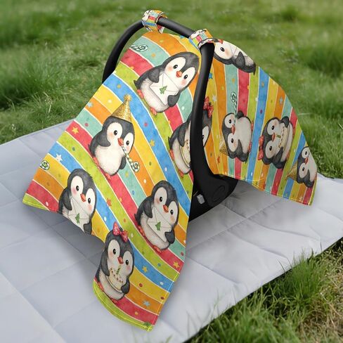 Penguins Birthday Print Baby Car Seat Cover Infant Carseat Cover | Muslin-like Cotton Blend, Breathable, Multi-use, Newborn Essentials Must Haves, Fits Most Strollers, for Babies Boys Girls in Kuwait