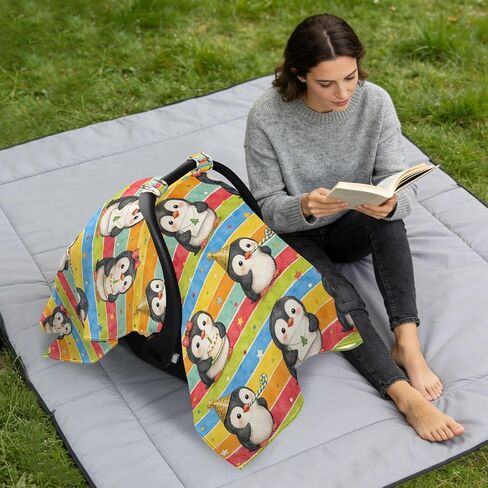 Penguins Birthday Print Baby Car Seat Cover Infant Carseat Cover | Muslin-like Cotton Blend, Breathable, Multi-use, Newborn Essentials Must Haves, Fits Most Strollers, for Babies Boys Girls in Kuwait