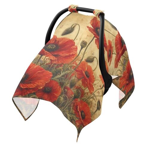 Poppies Flowers Pattern Baby Car Seat Cover Stroller Sun Shade | Muslin-like Cotton Blend, Breathable, Multi-use, Newborn Essentials Must Haves, Fits Most Strollers, for Babies Boys Girls in Kuwait