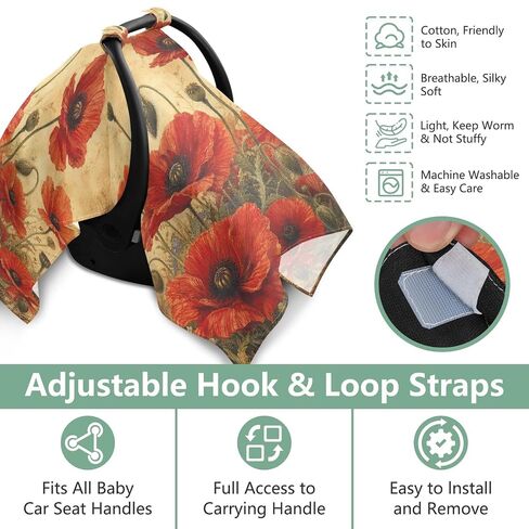 Poppies Flowers Pattern Baby Car Seat Cover Stroller Sun Shade | Muslin-like Cotton Blend, Breathable, Multi-use, Newborn Essentials Must Haves, Fits Most Strollers, for Babies Boys Girls in Kuwait
