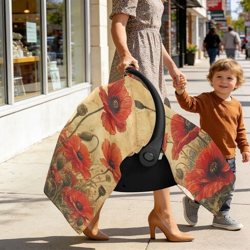 Poppies Flowers Pattern Baby Car Seat Cover Stroller Sun Shade | Muslin-like Cotton Blend, Breathable, Multi-use, Newborn Essentials Must Haves, Fits Most Strollers, for Babies Boys Girls in Kuwait