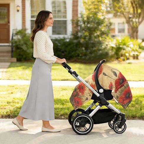 Poppies Flowers Pattern Baby Car Seat Cover Stroller Sun Shade | Muslin-like Cotton Blend, Breathable, Multi-use, Newborn Essentials Must Haves, Fits Most Strollers, for Babies Boys Girls in Kuwait
