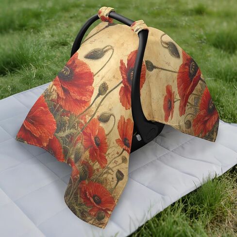 Poppies Flowers Pattern Baby Car Seat Cover Stroller Sun Shade | Muslin-like Cotton Blend, Breathable, Multi-use, Newborn Essentials Must Haves, Fits Most Strollers, for Babies Boys Girls in Kuwait