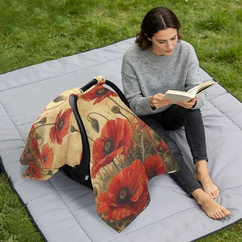 Poppies Flowers Pattern Baby Car Seat Cover Stroller Sun Shade | Muslin-like Cotton Blend, Breathable, Multi-use, Newborn Essentials Must Haves, Fits Most Strollers, for Babies Boys Girls in Kuwait