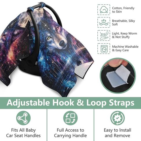 Wolf Boho Pattern Baby Car Seat Cover Breastfeeding Cover | Muslin-like Cotton Blend, Breathable, Multi-use, Newborn Essentials Must Haves, Fits Most Strollers, for Babies Boys Girls in Kuwait