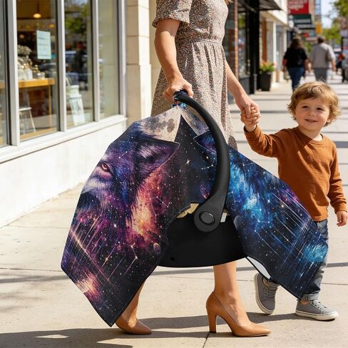 Wolf Boho Pattern Baby Car Seat Cover Breastfeeding Cover | Muslin-like Cotton Blend, Breathable, Multi-use, Newborn Essentials Must Haves, Fits Most Strollers, for Babies Boys Girls in Kuwait