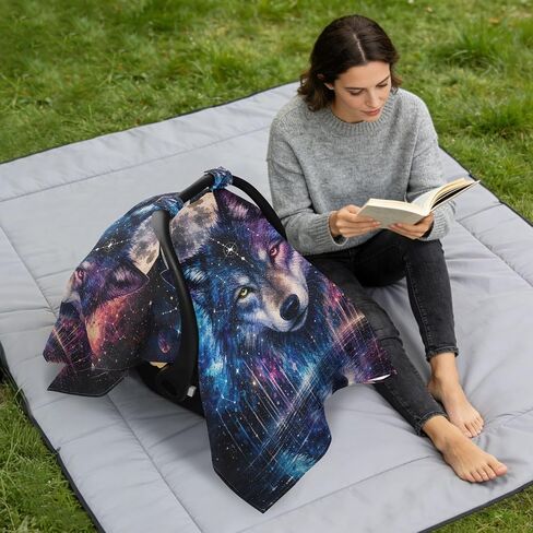 Wolf Boho Pattern Baby Car Seat Cover Breastfeeding Cover | Muslin-like Cotton Blend, Breathable, Multi-use, Newborn Essentials Must Haves, Fits Most Strollers, for Babies Boys Girls in Kuwait