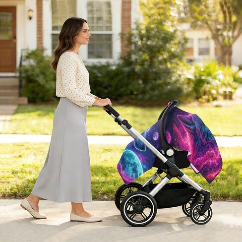 Planet Wolf Pattern Baby Car Seat Cover Infant Carseat Cover | Muslin-like Cotton Blend, Breathable, Multi-use, Newborn Essentials Must Haves, Fits Most Strollers, for Babies Boys Girls in Kuwait