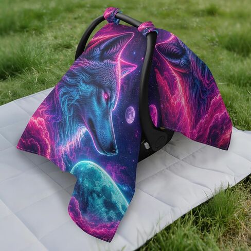 Planet Wolf Pattern Baby Car Seat Cover Infant Carseat Cover | Muslin-like Cotton Blend, Breathable, Multi-use, Newborn Essentials Must Haves, Fits Most Strollers, for Babies Boys Girls in Kuwait