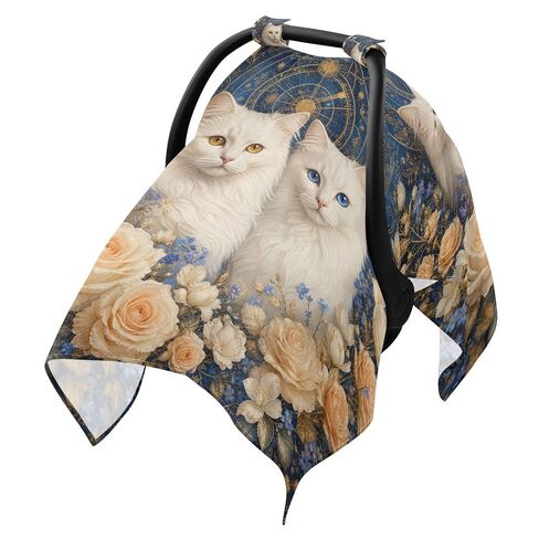 Cat Flowers Pattern Baby Car Seat Cover Stroller Sun Shade | Muslin-like Cotton Blend, Breathable, Multi-use, Newborn Essentials Must Haves, Fits Most Strollers, for Babies Boys Girls in Kuwait