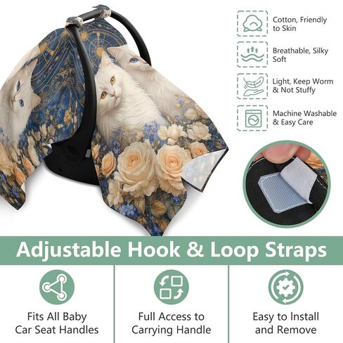 Cat Flowers Pattern Baby Car Seat Cover Stroller Sun Shade | Muslin-like Cotton Blend, Breathable, Multi-use, Newborn Essentials Must Haves, Fits Most Strollers, for Babies Boys Girls in Kuwait