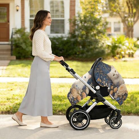 Cat Flowers Pattern Baby Car Seat Cover Stroller Sun Shade | Muslin-like Cotton Blend, Breathable, Multi-use, Newborn Essentials Must Haves, Fits Most Strollers, for Babies Boys Girls in Kuwait