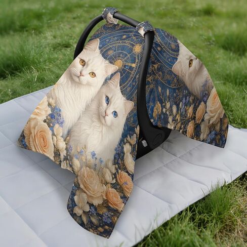 Cat Flowers Pattern Baby Car Seat Cover Stroller Sun Shade | Muslin-like Cotton Blend, Breathable, Multi-use, Newborn Essentials Must Haves, Fits Most Strollers, for Babies Boys Girls in Kuwait