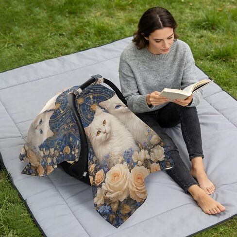 Cat Flowers Pattern Baby Car Seat Cover Stroller Sun Shade | Muslin-like Cotton Blend, Breathable, Multi-use, Newborn Essentials Must Haves, Fits Most Strollers, for Babies Boys Girls in Kuwait