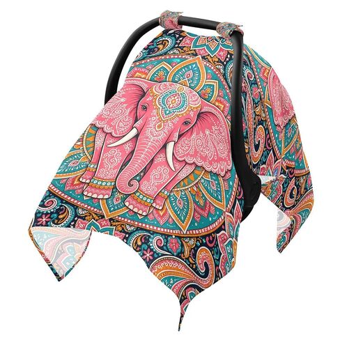 Boho Elephant Pattern Baby Car Seat Cover Nursing Cover Up | Muslin-like Cotton Blend, Breathable, Multi-use, Newborn Essentials Must Haves, Fits Most Strollers, for Babies Boys Girls in Kuwait