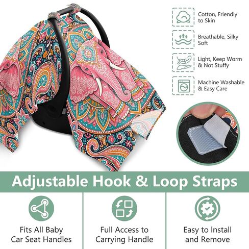 Boho Elephant Pattern Baby Car Seat Cover Nursing Cover Up | Muslin-like Cotton Blend, Breathable, Multi-use, Newborn Essentials Must Haves, Fits Most Strollers, for Babies Boys Girls in Kuwait