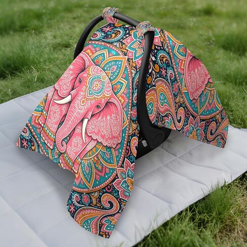 Boho Elephant Pattern Baby Car Seat Cover Nursing Cover Up | Muslin-like Cotton Blend, Breathable, Multi-use, Newborn Essentials Must Haves, Fits Most Strollers, for Babies Boys Girls in Kuwait
