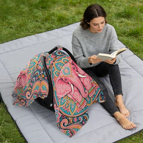 Boho Elephant Pattern Baby Car Seat Cover Nursing Cover Up | Muslin-like Cotton Blend, Breathable, Multi-use, Newborn Essentials Must Haves, Fits Most Strollers, for Babies Boys Girls in Kuwait