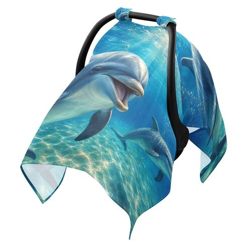 Ocean Dolphin Pattern Baby Car Seat Cover Infant Carseat Cover | Muslin-like Cotton Blend, Breathable, Multi-use, Newborn Essentials Must Haves, Fits Most Strollers, for Babies Boys Girls in Kuwait