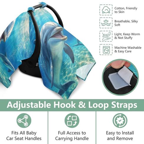 Ocean Dolphin Pattern Baby Car Seat Cover Infant Carseat Cover | Muslin-like Cotton Blend, Breathable, Multi-use, Newborn Essentials Must Haves, Fits Most Strollers, for Babies Boys Girls in Kuwait