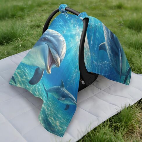 Ocean Dolphin Pattern Baby Car Seat Cover Infant Carseat Cover | Muslin-like Cotton Blend, Breathable, Multi-use, Newborn Essentials Must Haves, Fits Most Strollers, for Babies Boys Girls in Kuwait
