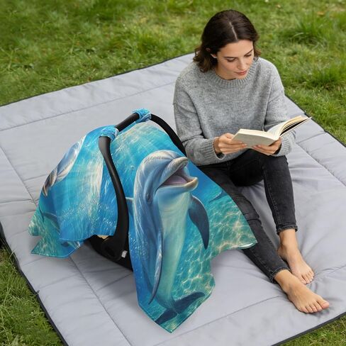 Ocean Dolphin Pattern Baby Car Seat Cover Infant Carseat Cover | Muslin-like Cotton Blend, Breathable, Multi-use, Newborn Essentials Must Haves, Fits Most Strollers, for Babies Boys Girls in Kuwait