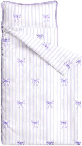 Wake In Cloud - Toddler Nap Mat with Pillow and Blanket, for Kids Girls Ages 3 Plus in Kindergarten Daycare Preschool, Roll Up Sleeping Bag, Cute Vertical Stripes Bows in Kuwait