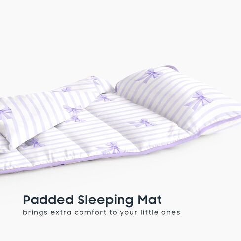 Wake In Cloud - Toddler Nap Mat with Pillow and Blanket, for Kids Girls Ages 3 Plus in Kindergarten Daycare Preschool, Roll Up Sleeping Bag, Cute Vertical Stripes Bows in Kuwait