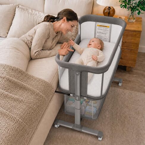 Kinder King Baby Bassinet Bedside Sleeper, Large Storage, Grey | Adjustable Heights, Newborn Baby Bedside Crib, Mosquito Net, Lockable Wheels, All-Sided Mesh, No Tool to Install, 0-6 Months in Kuwait