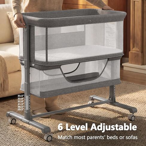 Kinder King Baby Bassinet Bedside Sleeper, Large Storage, Grey | Adjustable Heights, Newborn Baby Bedside Crib, Mosquito Net, Lockable Wheels, All-Sided Mesh, No Tool to Install, 0-6 Months in Kuwait