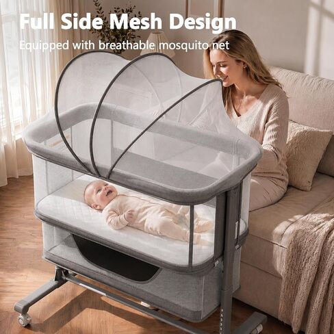 Kinder King Baby Bassinet Bedside Sleeper, Large Storage, Grey | Adjustable Heights, Newborn Baby Bedside Crib, Mosquito Net, Lockable Wheels, All-Sided Mesh, No Tool to Install, 0-6 Months in Kuwait