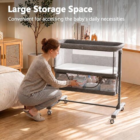 Kinder King Baby Bassinet Bedside Sleeper, Large Storage, Grey | Adjustable Heights, Newborn Baby Bedside Crib, Mosquito Net, Lockable Wheels, All-Sided Mesh, No Tool to Install, 0-6 Months in Kuwait