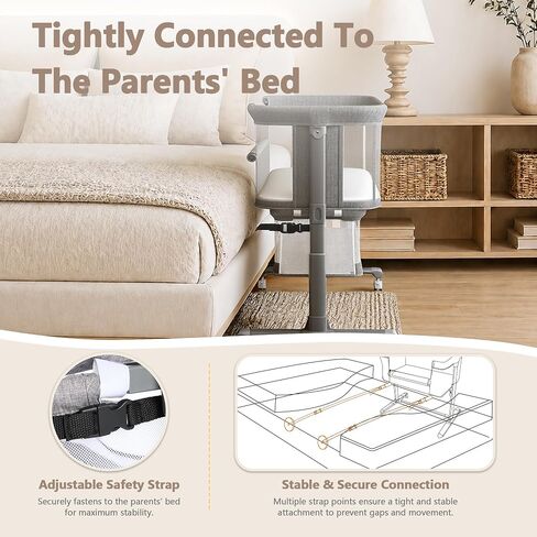 Kinder King Baby Bassinet Bedside Sleeper, Large Storage, Grey | Adjustable Heights, Newborn Baby Bedside Crib, Mosquito Net, Lockable Wheels, All-Sided Mesh, No Tool to Install, 0-6 Months in Kuwait
