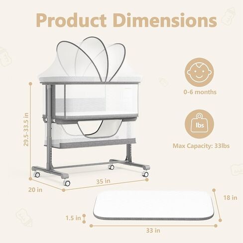 Kinder King Baby Bassinet Bedside Sleeper, Large Storage, Grey | Adjustable Heights, Newborn Baby Bedside Crib, Mosquito Net, Lockable Wheels, All-Sided Mesh, No Tool to Install, 0-6 Months in Kuwait