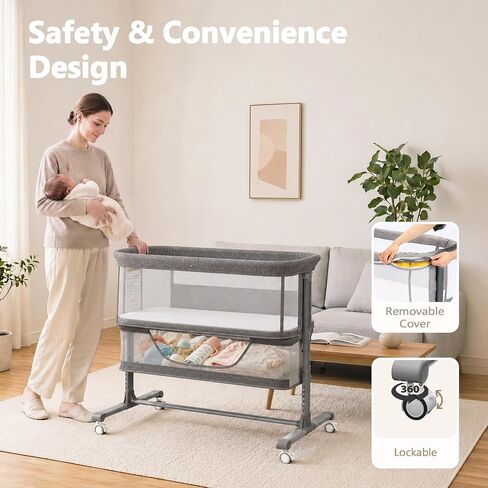 Kinder King Baby Bassinet Bedside Sleeper, Large Storage, Grey | Adjustable Heights, Newborn Baby Bedside Crib, Mosquito Net, Lockable Wheels, All-Sided Mesh, No Tool to Install, 0-6 Months in Kuwait