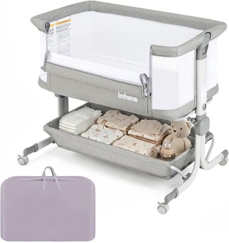 INFANS 3 in 1 Baby Bassinet, Bedside Sleeper with Comfy Mattress, Wheels, 6 Height Adjustable, Storage Basket, Travel Bag, Portable All Mesh Crib for Newborn Infant (Gray) in Kuwait