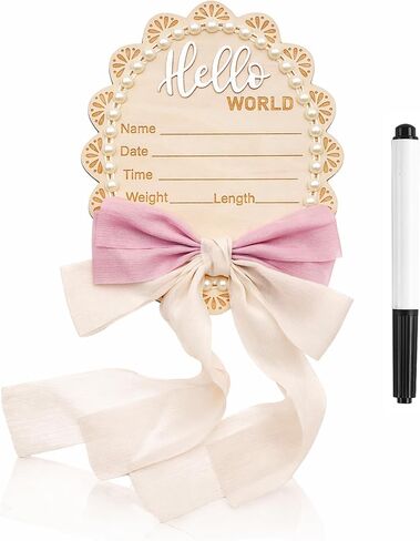 Newborn Announcement Sign - Baby Hospital Photo Prop Wooden Board Card with White Bow Hello World in Kuwait