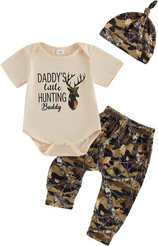 Newborn Baby Boy Hunting Outfit Daddy's Little Hunting Buddy Deer Short Sleeve Romper Camouflage Pants Hat 3Pcs Set in Saudi Arabia