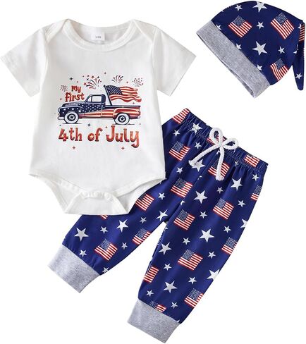 My First 4th of July Baby Boy Outfit Retro Patriotic Romper USA Flag Pants and Hat 3pcs Newborn Clothes in Kuwait
