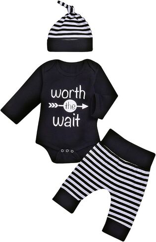 Baby Unisex Worth The Wait Arrow Printed Romper Striped Pant Hat Outfit Clothes in Kuwait