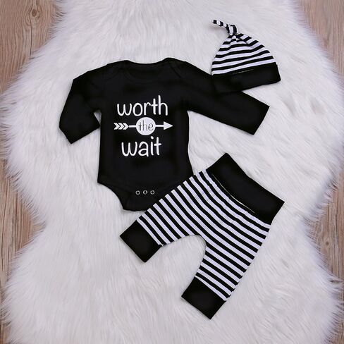 Baby Unisex Worth The Wait Arrow Printed Romper Striped Pant Hat Outfit Clothes in Kuwait